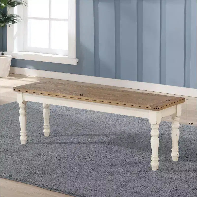 Two-Tone Wood Dining Bench, Antique White & Distressed Oak, 52" Solid Rubberwood