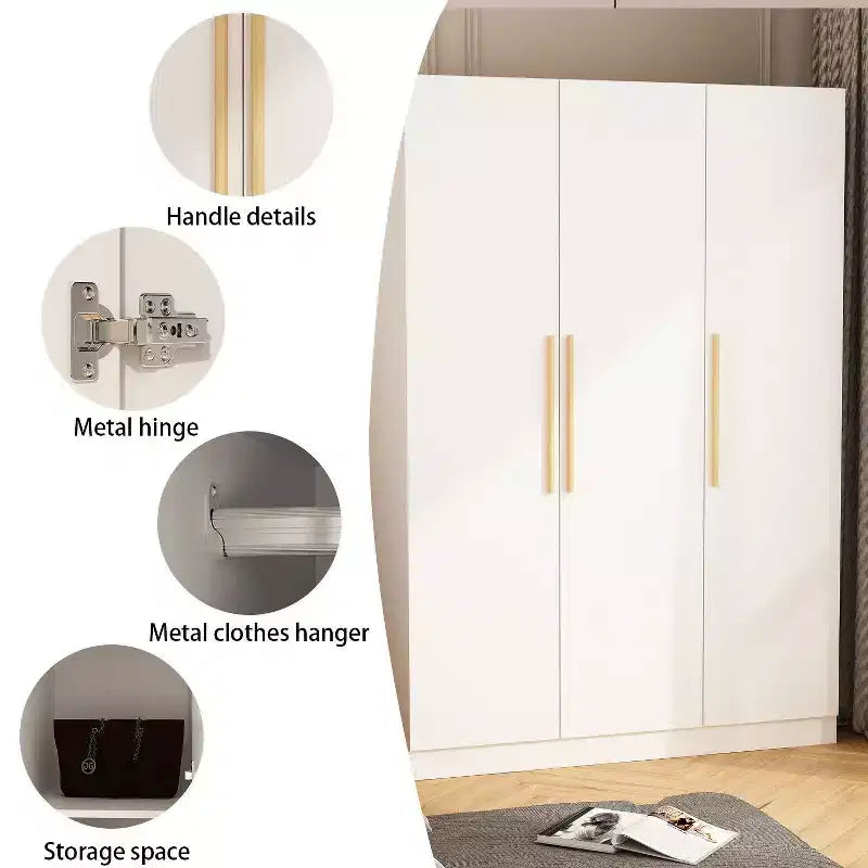 3-Door Freestanding Wooden Wardrobe with Hanging Rod, Shelves & Drawer