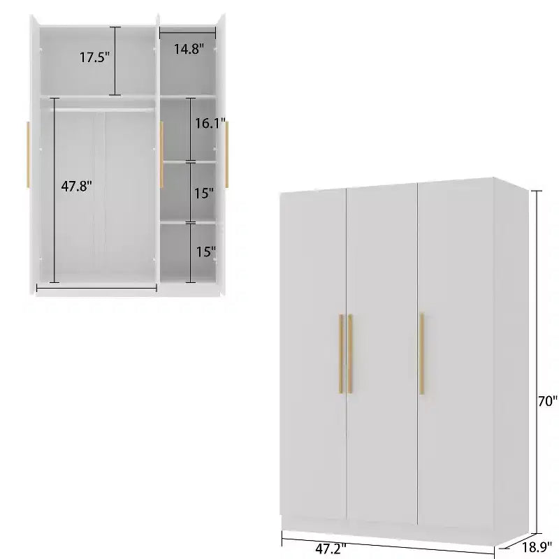 3-Door Freestanding Wooden Wardrobe with Hanging Rod, Shelves & Drawer