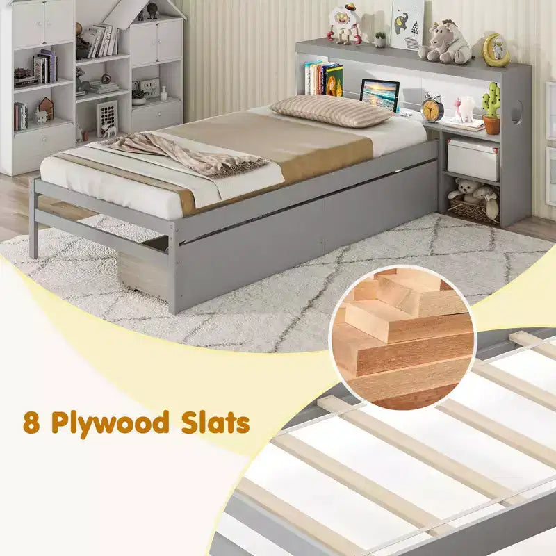Twin Size Platform Bed Frame with LED Light, Bookcase Headboard & Storage Drawers
