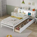 Twin Size Platform Bed Frame with LED Light, Bookcase Headboard & Storage Drawers
