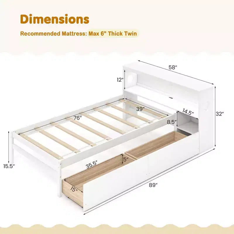 Twin Size Platform Bed Frame with LED Light, Bookcase Headboard & Storage Drawers