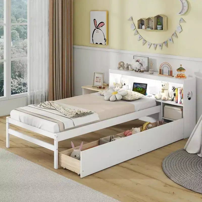 Twin Size Platform Bed Frame with LED Light, Bookcase Headboard & Storage Drawers