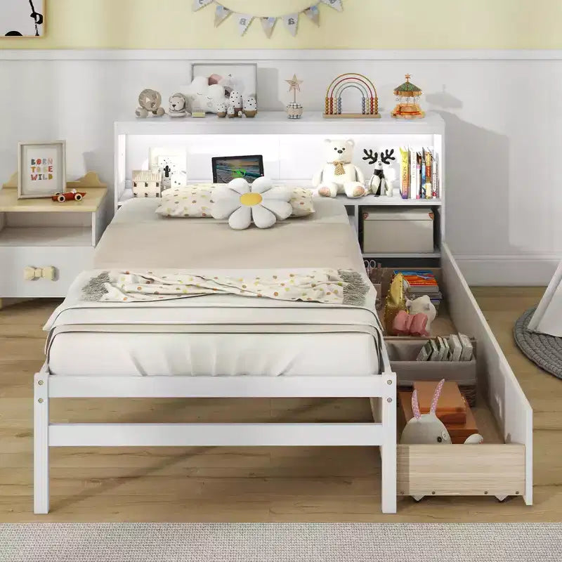 Twin Size Platform Bed Frame with LED Light, Bookcase Headboard & Storage Drawers