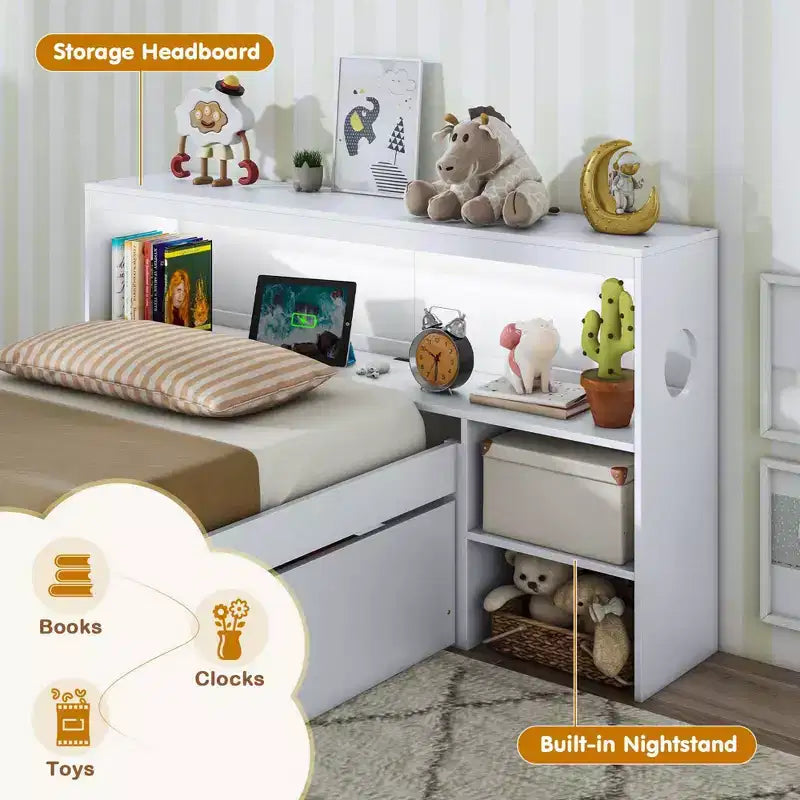 Twin Size Platform Bed Frame with LED Light, Bookcase Headboard & Storage Drawers