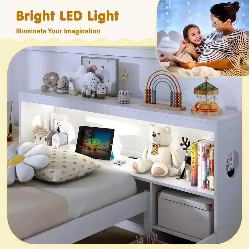 Twin Size Platform Bed Frame with LED Light, Bookcase Headboard & Storage Drawers