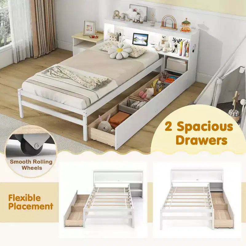 Twin Size Platform Bed Frame with LED Light, Bookcase Headboard & Storage Drawers