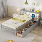 Twin Size Platform Bed Frame with LED Light, Bookcase Headboard & Storage Drawers
