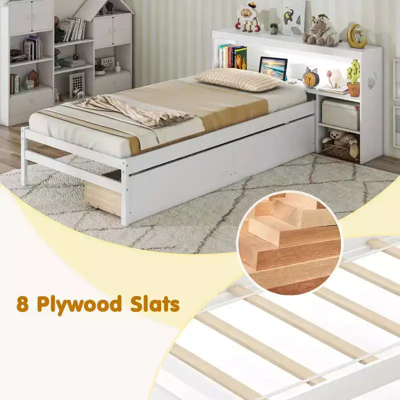 Twin Size Platform Bed Frame with LED Light, Bookcase Headboard & Storage Drawers