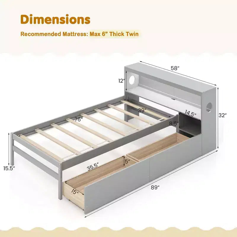 Twin Size Platform Bed Frame with LED Light, Bookcase Headboard & Storage Drawers
