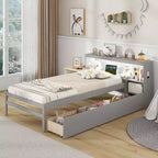 Twin Size Platform Bed Frame with LED Light, Bookcase Headboard & Storage Drawers