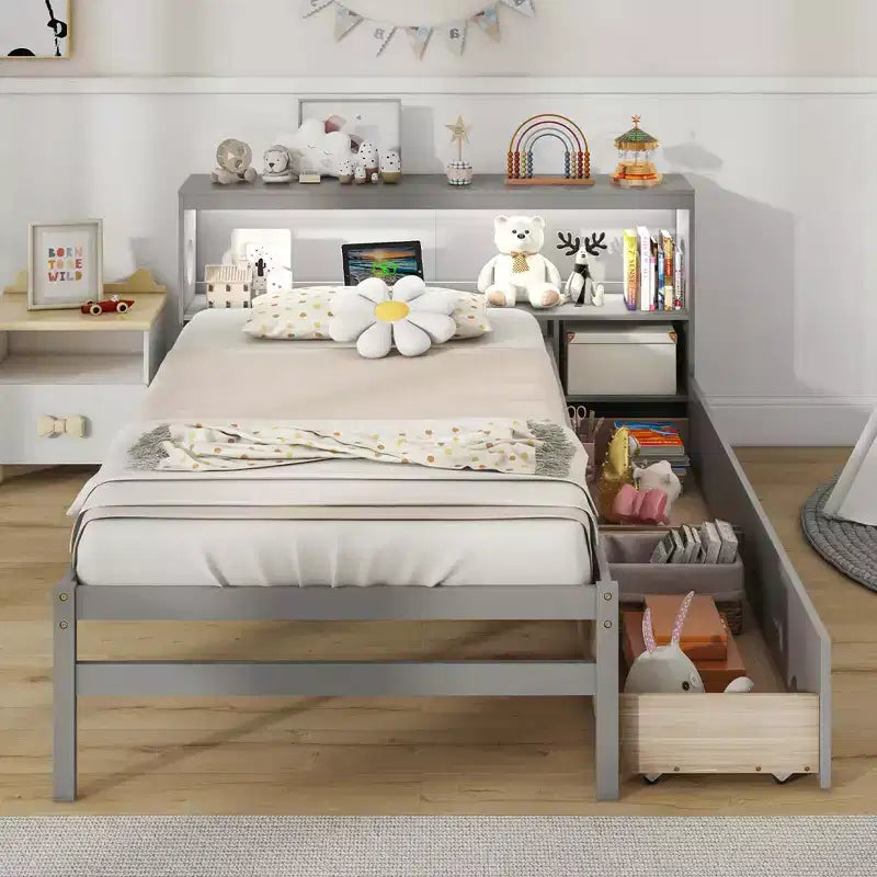 Twin Size Platform Bed Frame with LED Light, Bookcase Headboard & Storage Drawers