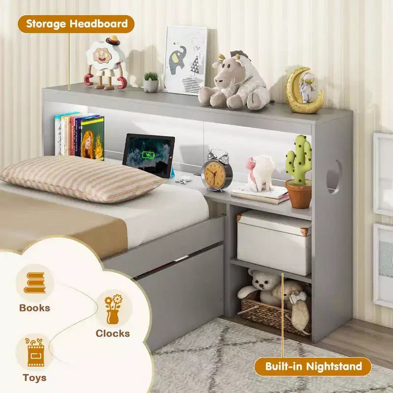 Twin Size Platform Bed Frame with LED Light, Bookcase Headboard & Storage Drawers