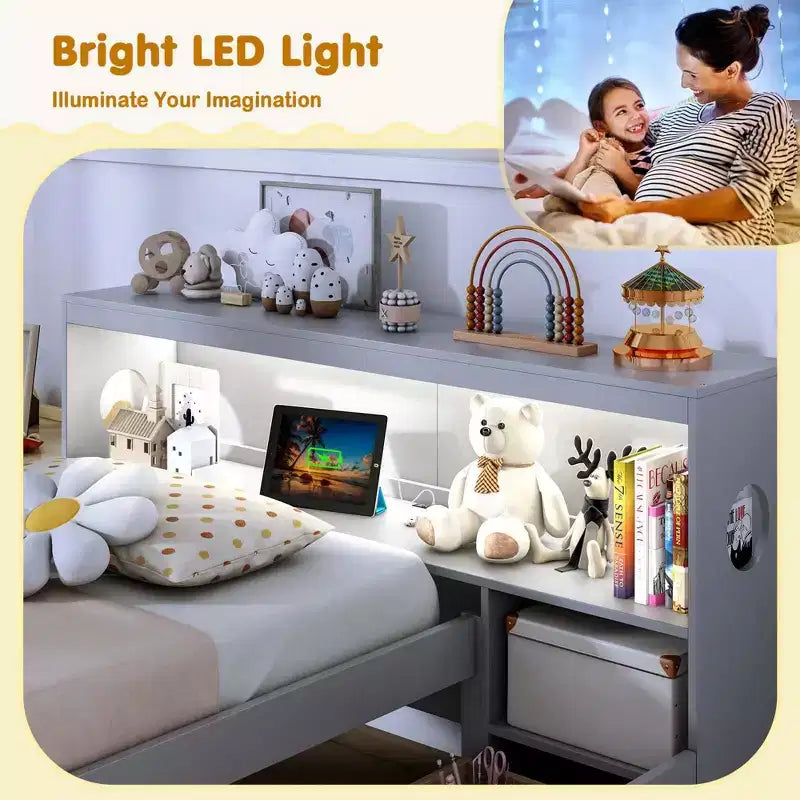 Twin Size Platform Bed Frame with LED Light, Bookcase Headboard & Storage Drawers