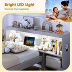 Twin Size Platform Bed Frame with LED Light, Bookcase Headboard & Storage Drawers