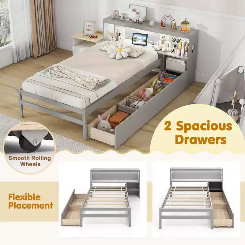 Twin Size Platform Bed Frame with LED Light, Bookcase Headboard & Storage Drawers