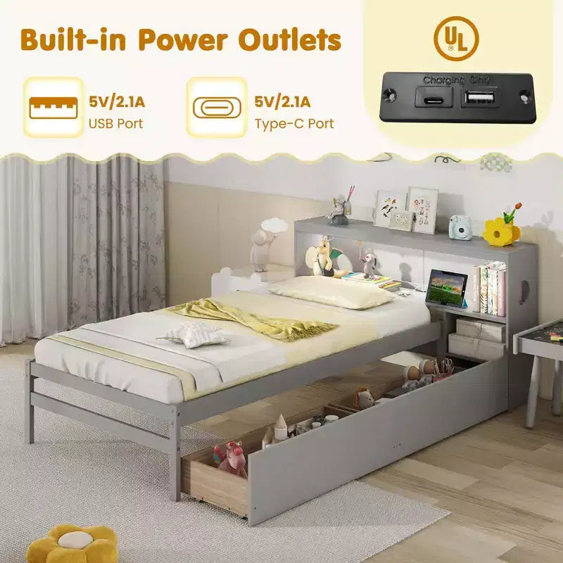 Twin Size Platform Bed Frame with LED Light, Bookcase Headboard & Storage Drawers