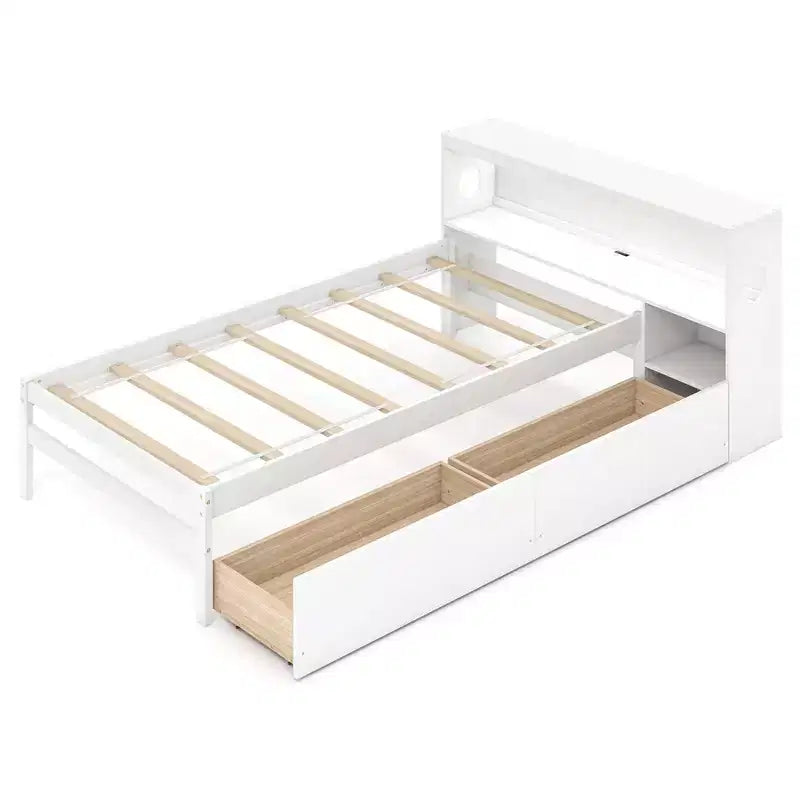 Twin Size Platform Bed Frame with LED Light, Bookcase Headboard & Storage Drawers