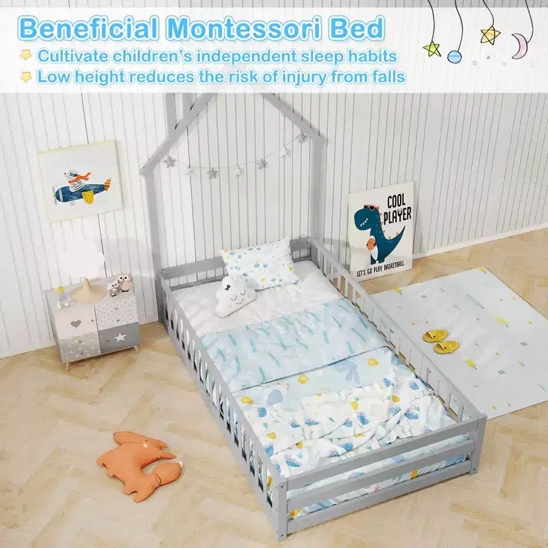 Twin Size Montessori Floor Bed for Toddler with Lockable Door & Full-Length Guardrail, Gray/White
