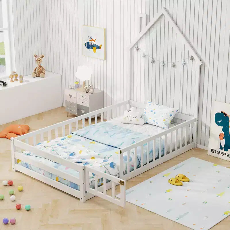 Twin Size Montessori Floor Bed for Toddler with Lockable Door & Full-Length Guardrail, Gray/White