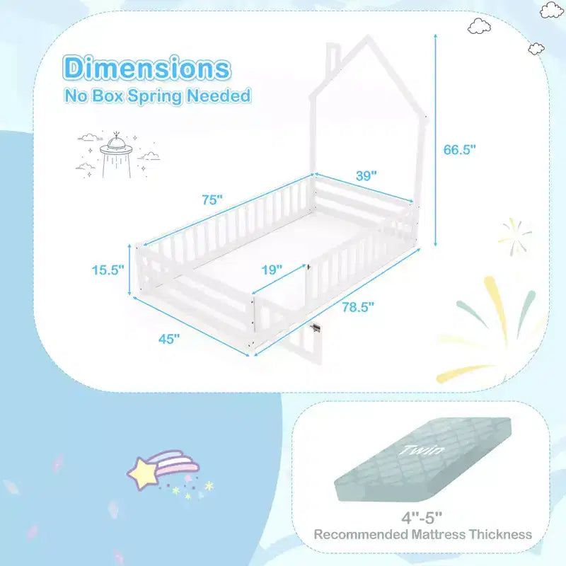 Twin Size Montessori Floor Bed for Toddler with Lockable Door & Full-Length Guardrail, Gray/White