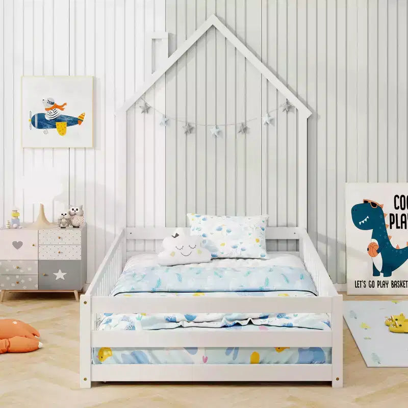 Twin Size Montessori Floor Bed for Toddler with Lockable Door & Full-Length Guardrail, Gray/White