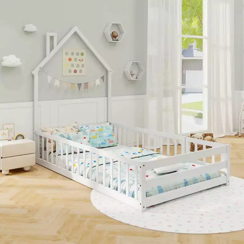 Twin Size Montessori Floor Bed for Toddler with Lockable Door & Full-Length Guardrail, Gray/White