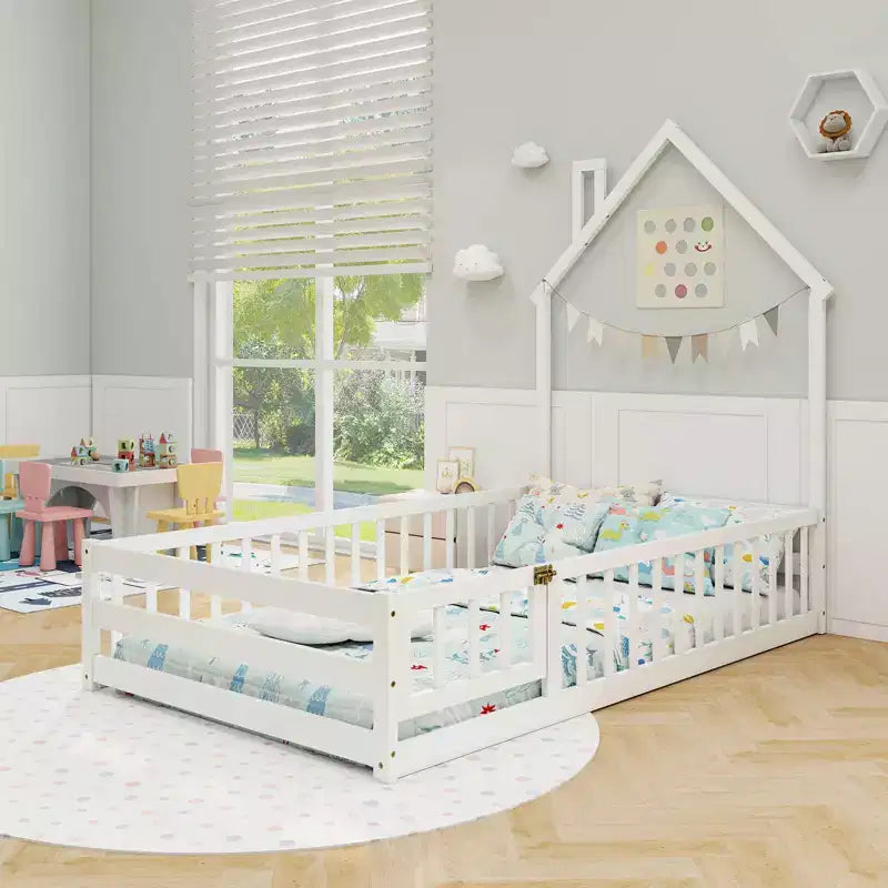 Twin Size Montessori Floor Bed for Toddler with Lockable Door & Full-Length Guardrail, Gray/White