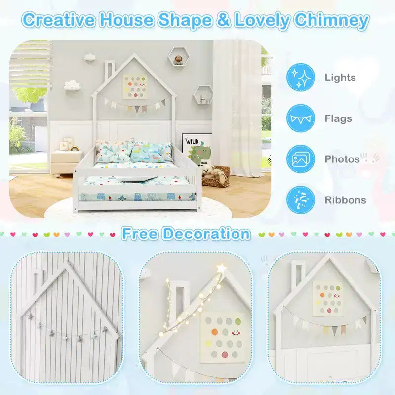 Twin Size Montessori Floor Bed for Toddler with Lockable Door & Full-Length Guardrail, Gray/White