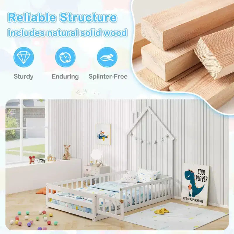 Twin Size Montessori Floor Bed for Toddler with Lockable Door & Full-Length Guardrail, Gray/White