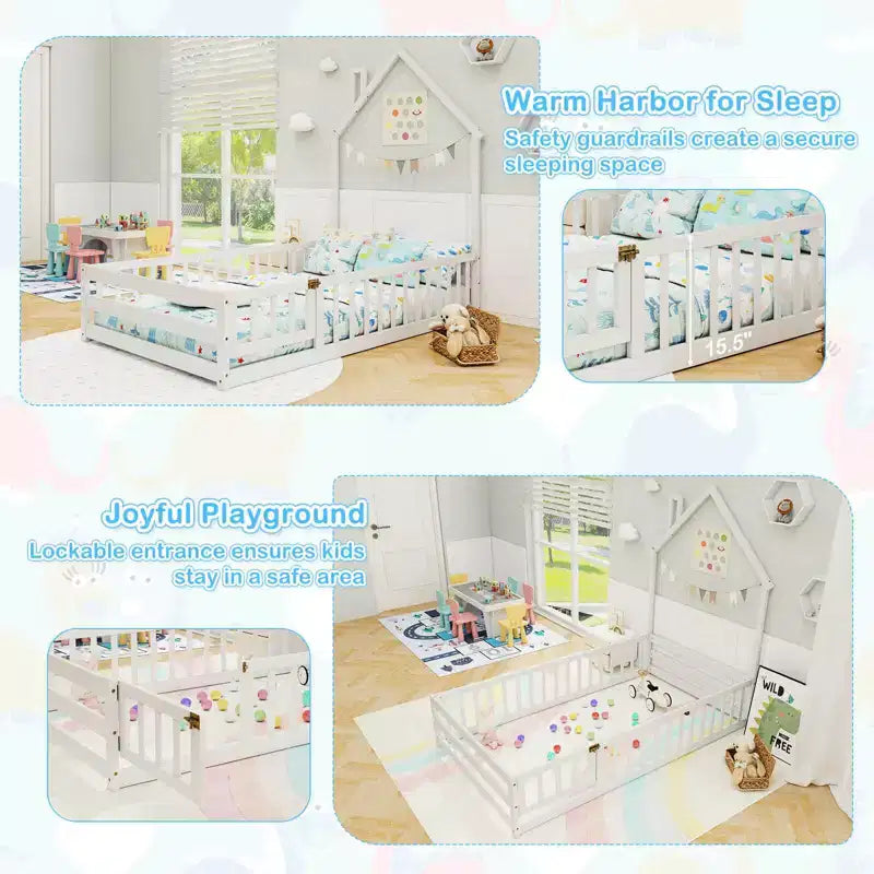 Twin Size Montessori Floor Bed for Toddler with Lockable Door & Full-Length Guardrail, Gray/White