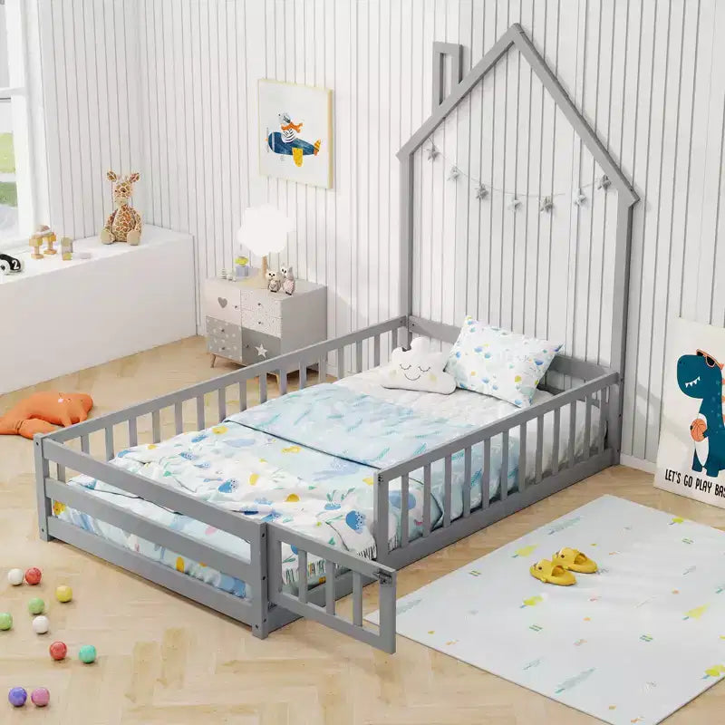 Twin Size Montessori Floor Bed for Toddler with Lockable Door & Full-Length Guardrail, Gray/White