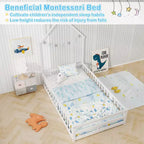 Twin Size Montessori Floor Bed for Toddler with Lockable Door & Full-Length Guardrail, Gray/White
