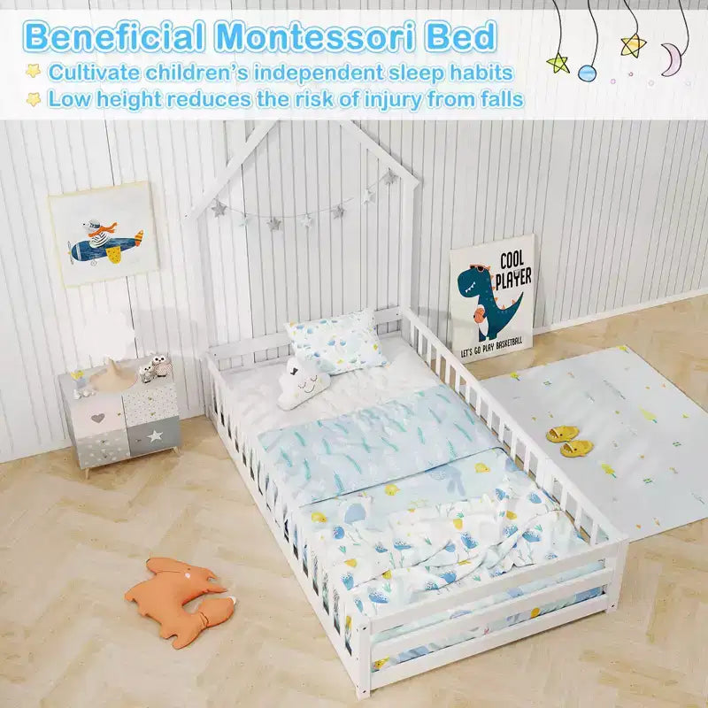 Twin Size Montessori Floor Bed for Toddler with Lockable Door & Full-Length Guardrail, Gray/White