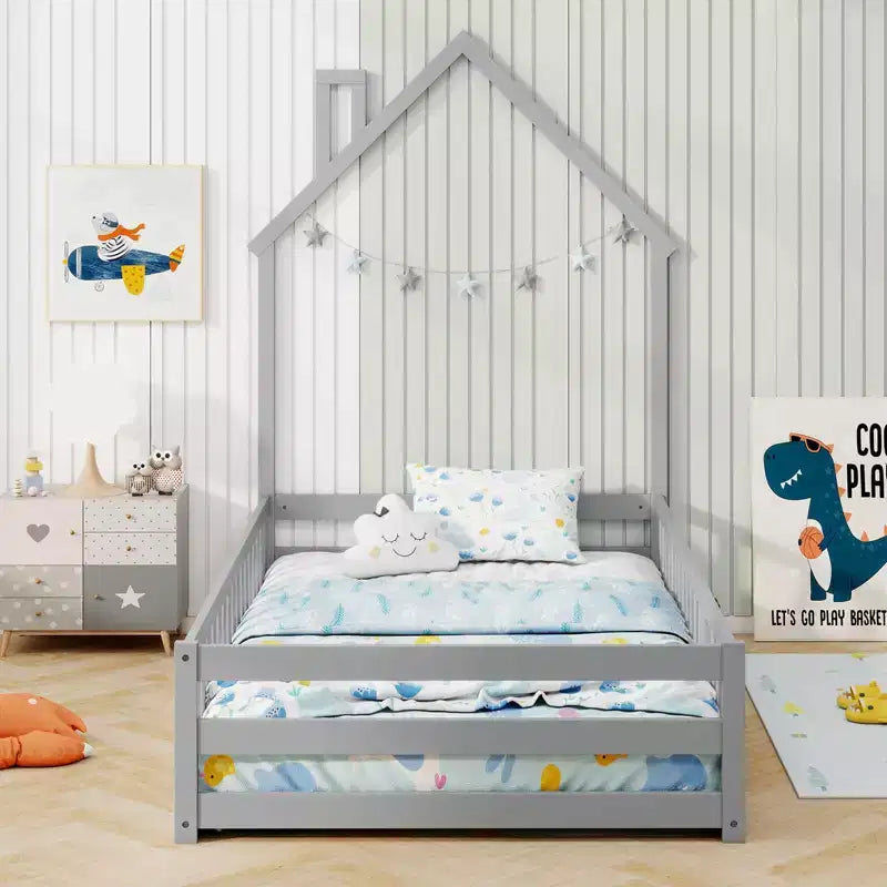 Twin Size Montessori Floor Bed for Toddler with Lockable Door & Full-Length Guardrail, Gray/White