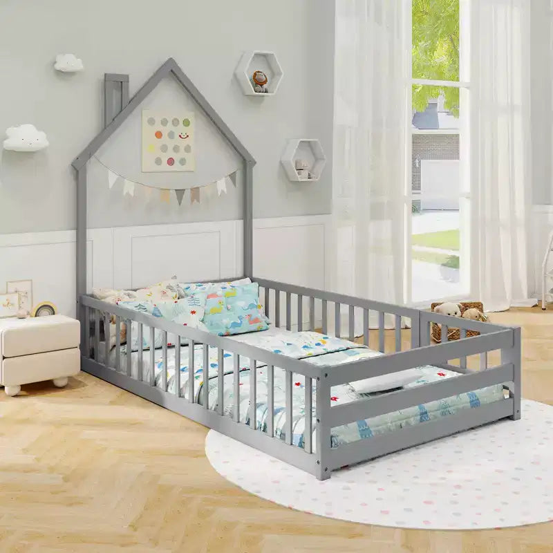 Twin Size Montessori Floor Bed for Toddler with Lockable Door & Full-Length Guardrail, Gray/White