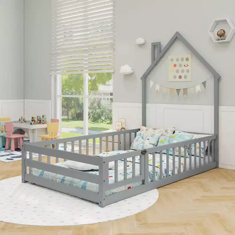 Twin Size Montessori Floor Bed for Toddler with Lockable Door & Full-Length Guardrail, Gray/White