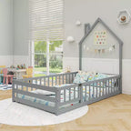 Twin Size Montessori Floor Bed for Toddler with Lockable Door & Full-Length Guardrail, Gray/White