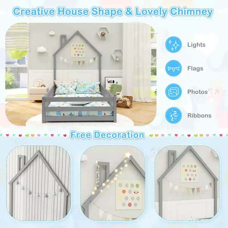 Twin Size Montessori Floor Bed for Toddler with Lockable Door & Full-Length Guardrail, Gray/White