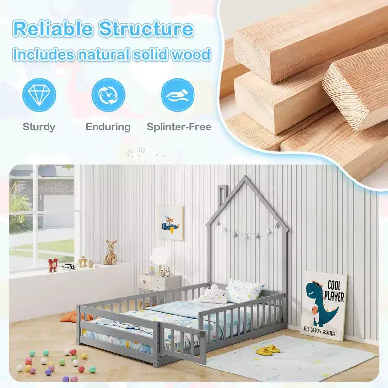 Twin Size Montessori Floor Bed for Toddler with Lockable Door & Full-Length Guardrail, Gray/White