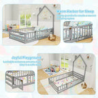 Twin Size Montessori Floor Bed for Toddler with Lockable Door & Full-Length Guardrail, Gray/White