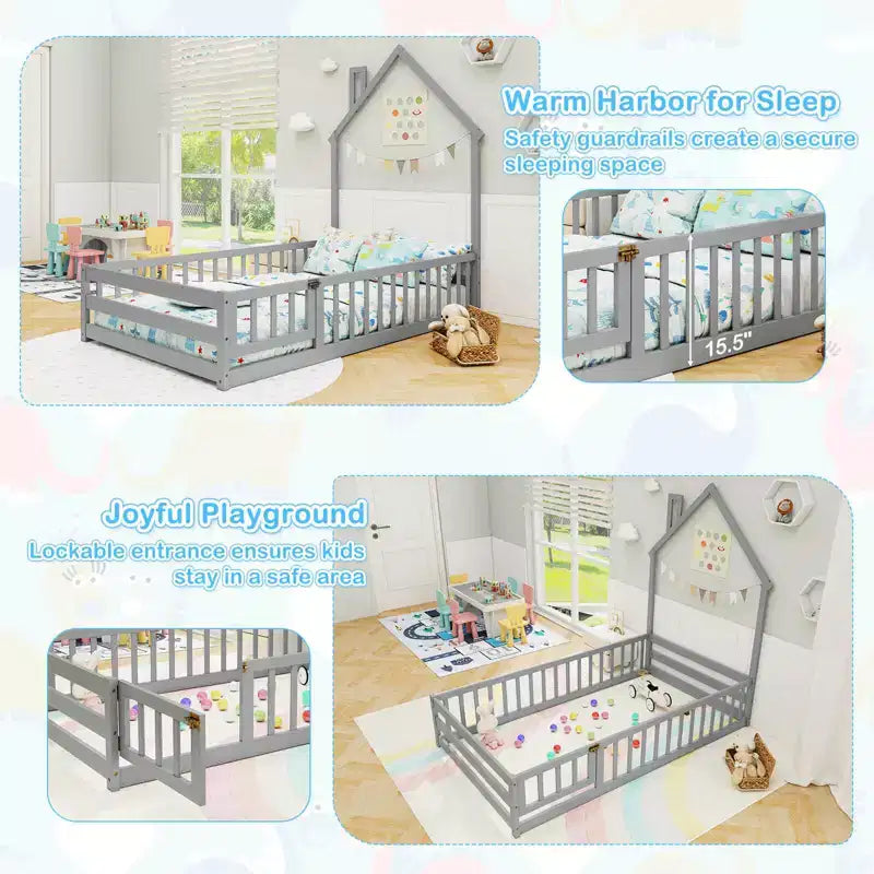 Twin Size Montessori Floor Bed for Toddler with Lockable Door & Full-Length Guardrail, Gray/White