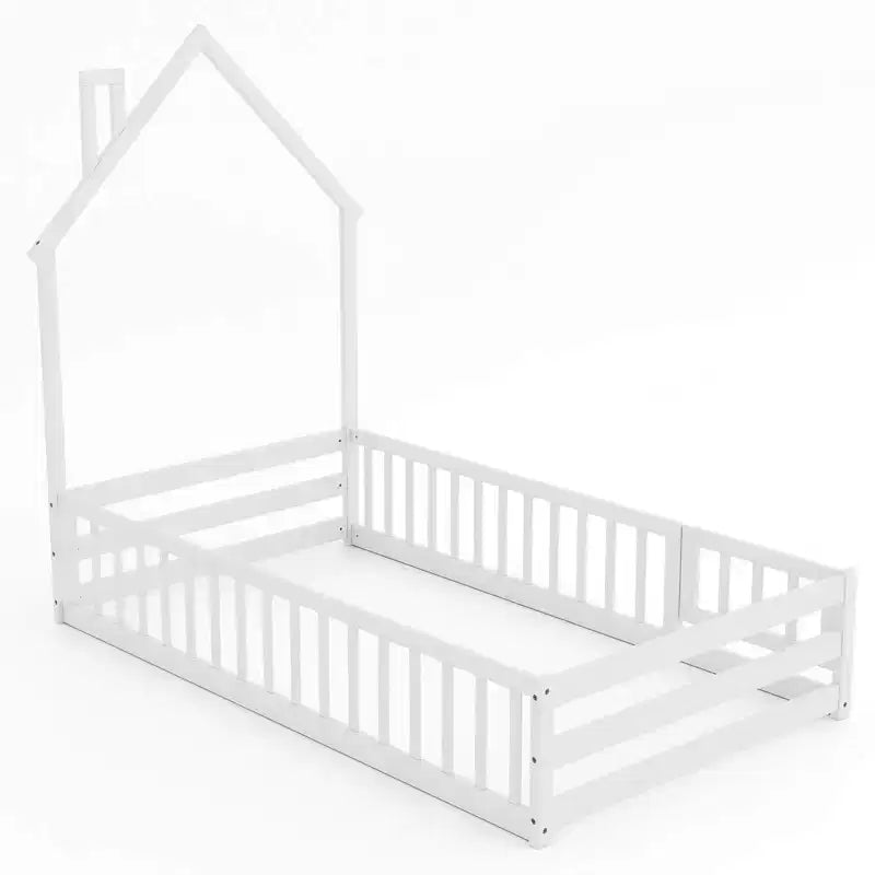 Twin Size Montessori Floor Bed for Toddler with Lockable Door & Full-Length Guardrail, Gray/White