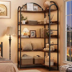Corner Bookshelf, L Shaped Bookshelf Arched 5 Tier Corner Shelf with Metal Frame for Living Room Bedroom