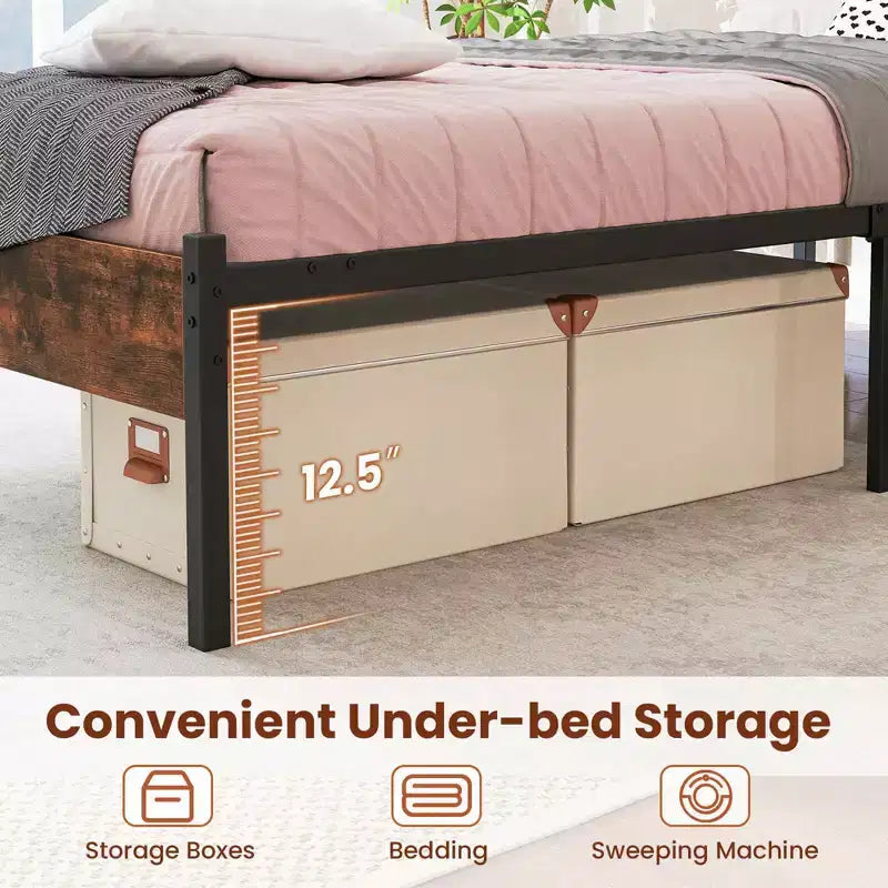 Platform Bed Frame with Wooden Headboard & Under-Bed Storage, No Box Spring Needed, Twin/Full/Queen/King