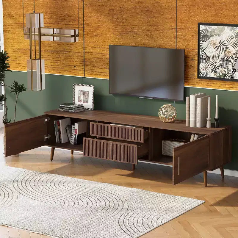 Mid-Century TV Stand with 2 Drawers for TVs up to 80", Walnut Media Console