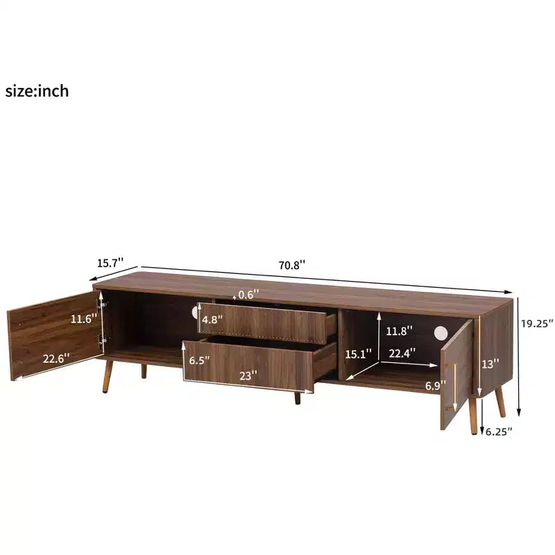 Mid-Century TV Stand with 2 Drawers for TVs up to 80", Walnut Media Console