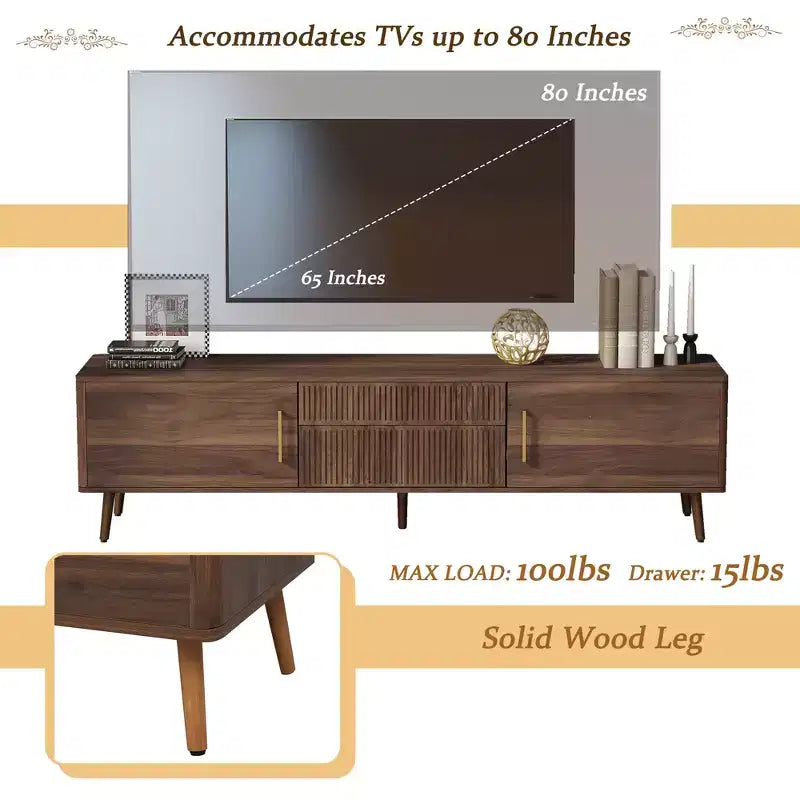 Mid-Century TV Stand with 2 Drawers for TVs up to 80", Walnut Media Console