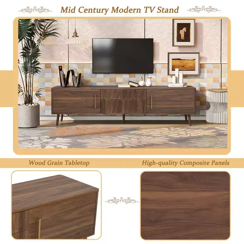 Mid-Century TV Stand with 2 Drawers for TVs up to 80", Walnut Media Console