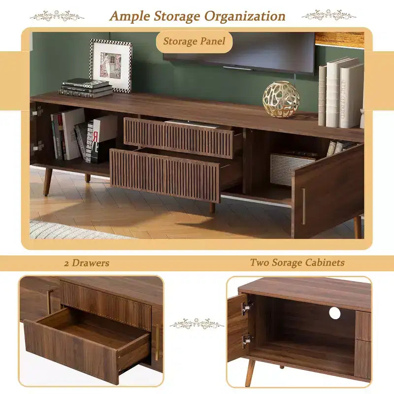 Mid-Century TV Stand with 2 Drawers for TVs up to 80", Walnut Media Console